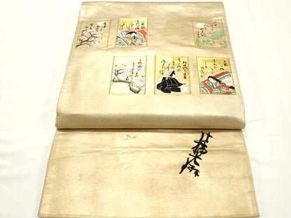 平和屋着物▼太鼓柄袋帯 総刺繍 駒刺繍 三十六歌仙 金糸 正絹 逸品 CABE1019vf