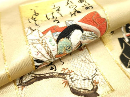 平和屋着物▼太鼓柄袋帯 総刺繍 駒刺繍 三十六歌仙 金糸 正絹 逸品 CABE1019vf