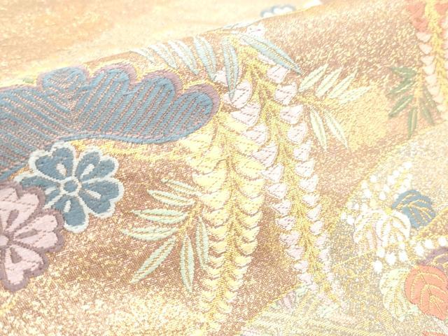 平和屋着物▼六通柄袋帯 唐織 能趣檜扇文様 金糸 正絹 逸品 CABE1042vf