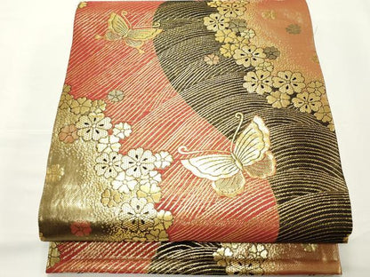 平和屋着物▼両面 全通柄袋帯 舞蝶花文 金糸 正絹 逸品 CABE1050vf