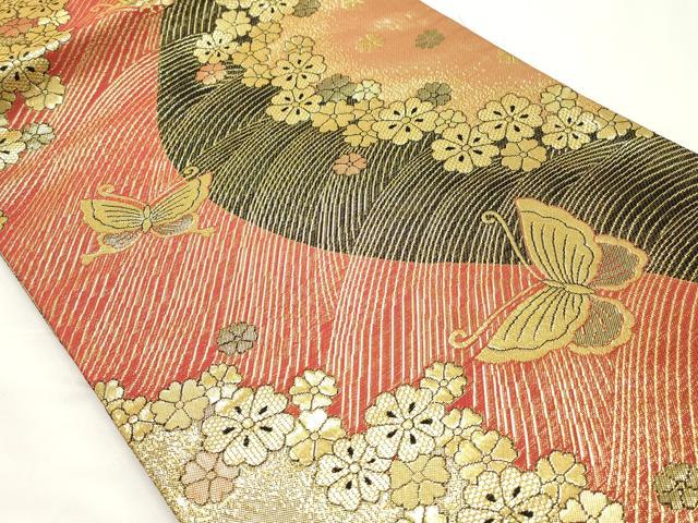 平和屋着物▼両面 全通柄袋帯 舞蝶花文 金糸 正絹 逸品 CABE1050vf
