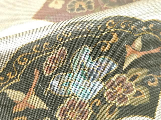 平和屋着物▼太鼓柄袋帯 螺鈿箔 地紙花鳥文 金彩 正絹 逸品 CABE1080vf
