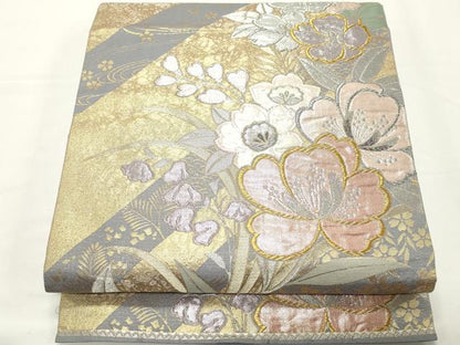 平和屋着物▼六通柄袋帯 草花文 金銀糸 正絹 逸品 CABE1081vf