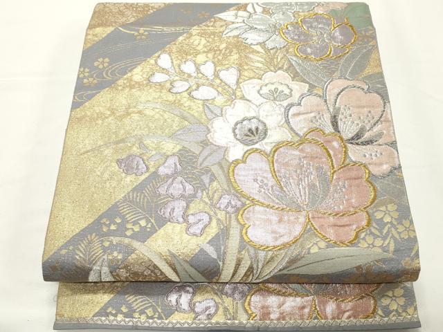 平和屋着物▼六通柄袋帯 草花文 金銀糸 正絹 逸品 CABE1081vf
