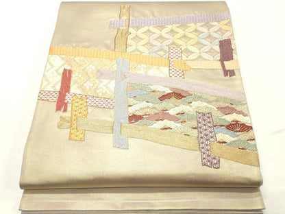 平和屋着物▼太鼓柄袋帯 総刺繍 駒刺繍 吉祥松文 金糸 引箔 正絹 逸品 CABE1091vf