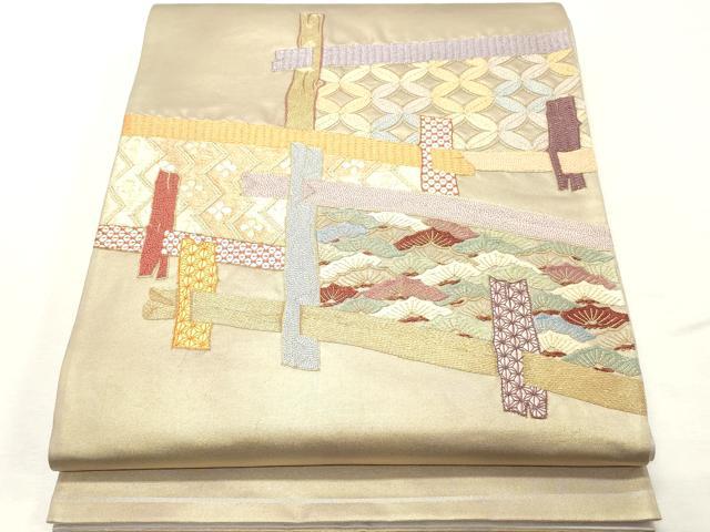平和屋着物▼太鼓柄袋帯 総刺繍 駒刺繍 吉祥松文 金糸 引箔 正絹 逸品 CABE1091vf