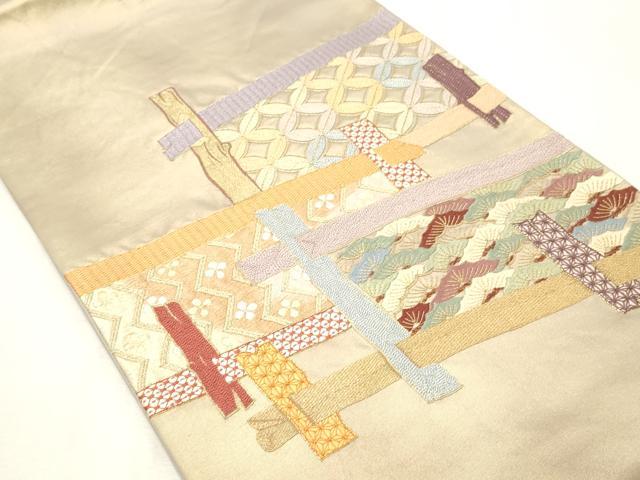平和屋着物▼太鼓柄袋帯 総刺繍 駒刺繍 吉祥松文 金糸 引箔 正絹 逸品 CABE1091vf