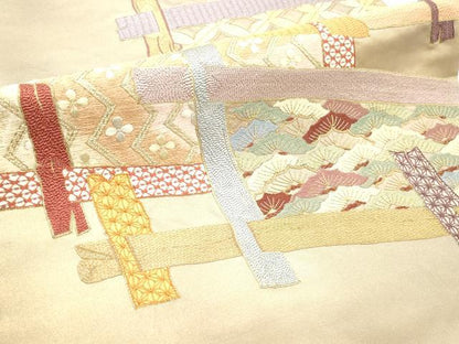 平和屋着物▼太鼓柄袋帯 総刺繍 駒刺繍 吉祥松文 金糸 引箔 正絹 逸品 CABE1091vf