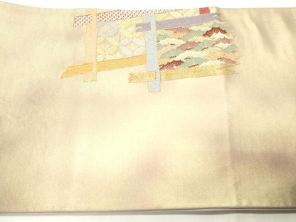 平和屋着物▼太鼓柄袋帯 総刺繍 駒刺繍 吉祥松文 金糸 引箔 正絹 逸品 CABE1091vf