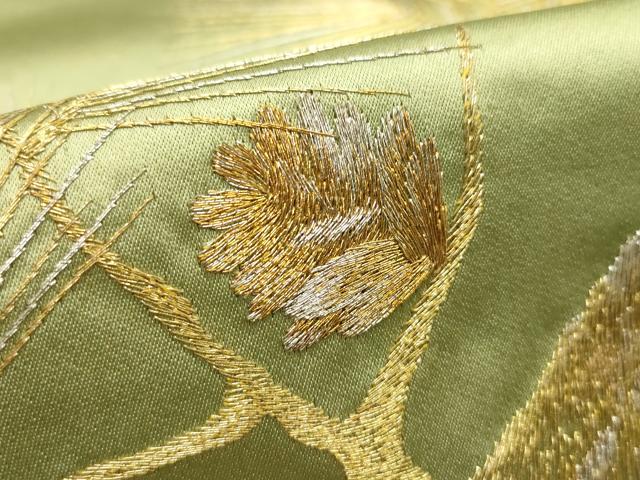 平和屋着物▼アンティーク 大正ロマン 丸帯 総刺繍 枝松文 松ぼっくり 金銀糸 正絹 逸品 CABE1128vf