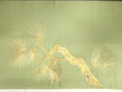 平和屋着物▼アンティーク 大正ロマン 丸帯 総刺繍 枝松文 松ぼっくり 金銀糸 正絹 逸品 CABE1128vf