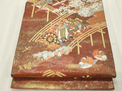 平和屋着物◎六通柄袋帯 唐織 飛鶴花文 金彩 正絹 逸品 CABE1150vf