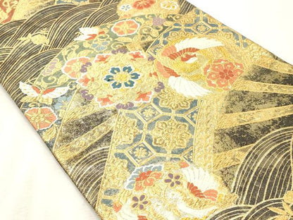 平和屋着物◎六通柄袋帯 唐織 宝文創美錦 黒地 金糸 正絹 逸品 CABE1164vf