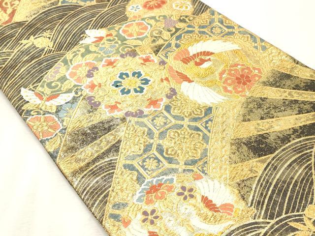 平和屋着物◎六通柄袋帯 唐織 宝文創美錦 黒地 金糸 正絹 逸品 CABE1164vf