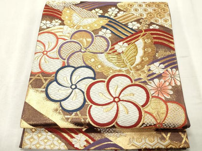 平和屋着物◎六通柄袋帯 唐織 舞蝶花文 金糸 正絹 逸品 CABE1172vf