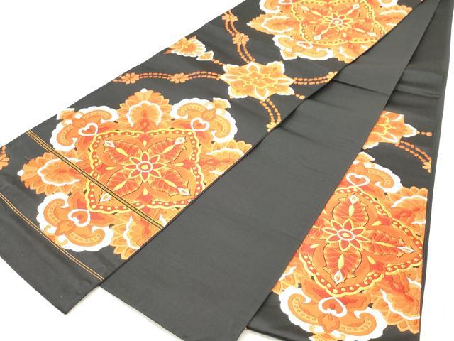 平和屋着物◎六通柄袋帯 唐織 正倉院花文 黒地 金糸 正絹 逸品 未使用 CABE1182vf