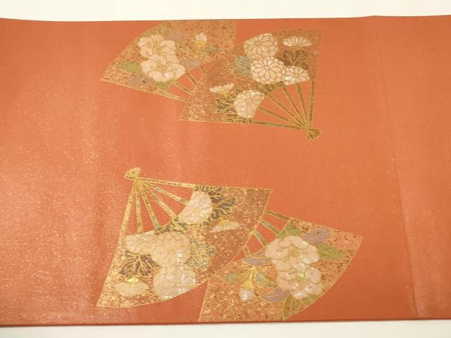 平和屋着物▼太鼓柄袋帯　螺鈿箔　扇面草花文　金彩　引箔　正絹　逸品　未使用　CABE1351ak