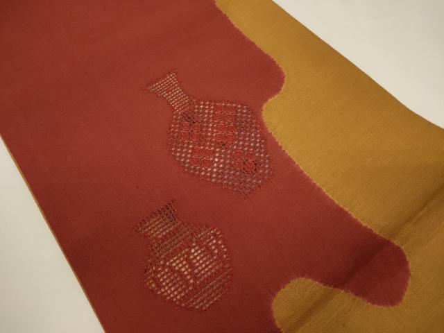 平和屋着物▼中国三大刺繍　スワトウ刺繍　太鼓柄袋帯　紬地　陶器文　正絹　逸品　CABE1352ak