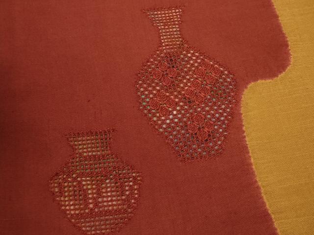 平和屋着物▼中国三大刺繍　スワトウ刺繍　太鼓柄袋帯　紬地　陶器文　正絹　逸品　CABE1352ak