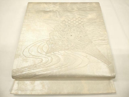 平和屋着物▼中国三大刺繍　相良刺繍　太鼓柄袋帯　総刺繍　流水扇面花文　銀糸　引箔　正絹　逸品　CABE1358ak