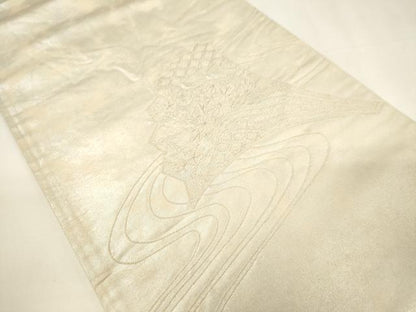 平和屋着物▼中国三大刺繍　相良刺繍　太鼓柄袋帯　総刺繍　流水扇面花文　銀糸　引箔　正絹　逸品　CABE1358ak