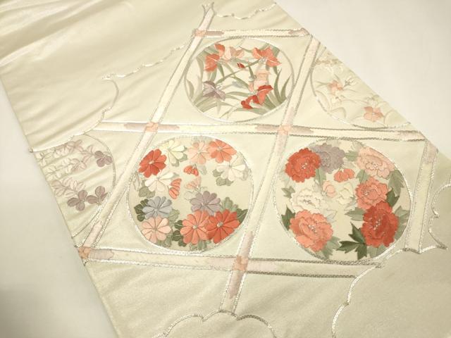 平和屋着物▽太鼓柄袋帯 駒刺繍 総刺繍 雲取り菱花丸文