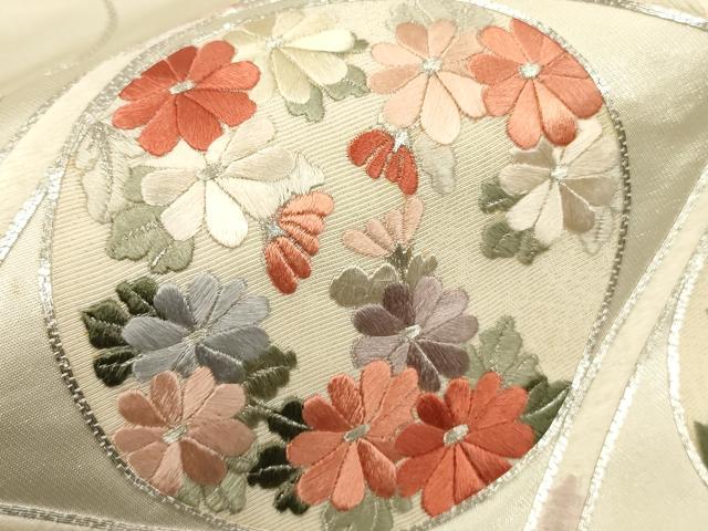 平和屋着物▼太鼓柄袋帯　駒刺繍　総刺繍　雲取り菱花丸文　銀糸　正絹　逸品　CABE1364ak