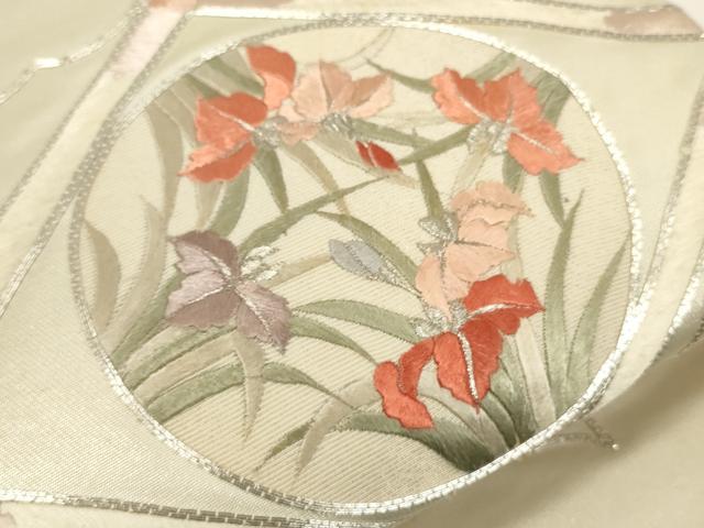 平和屋着物●アンティーク　大正ロマン　太鼓柄袋帯　駒刺繍　総刺繍　鼓花文　金糸　正絹　逸品　DABC3692az 平和屋着物＊夏物 太鼓柄袋帯 駒刺繍 総刺繍 草葉文 銀糸 正絹 逸品