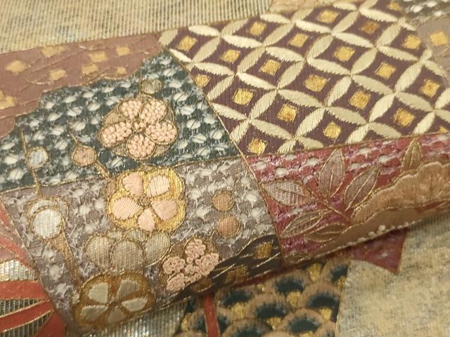 平和屋着物●中国三大刺繍　スワトウ相良刺繍　汕頭相良刺繍　太鼓柄袋帯　紬地　花熨斗文　金彩　正絹　逸品　DABD1561ps 平和屋着物○中国三大刺繍 スワトウ相良刺繍 総刺繍 太鼓柄袋帯 紬地