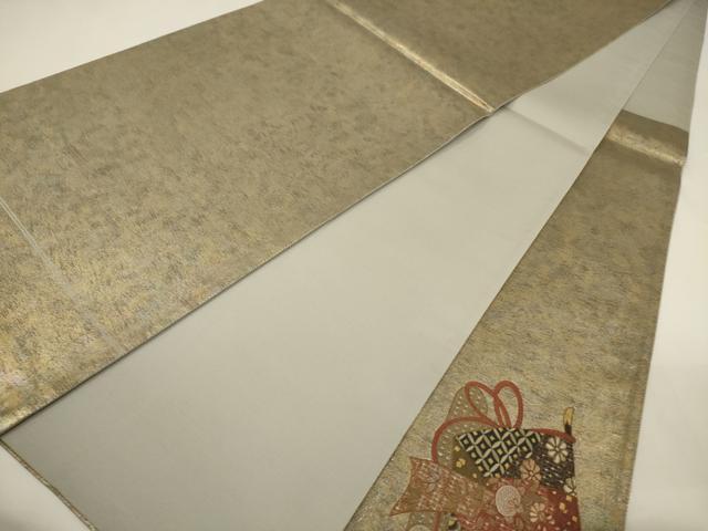 平和屋着物●中国三大刺繍　スワトウ相良刺繍　汕頭相良刺繍　太鼓柄袋帯　紬地　花熨斗文　金彩　正絹　逸品　DABD1561ps 平和屋着物○中国三大刺繍 スワトウ相良刺繍 総刺繍 太鼓柄袋帯 紬地