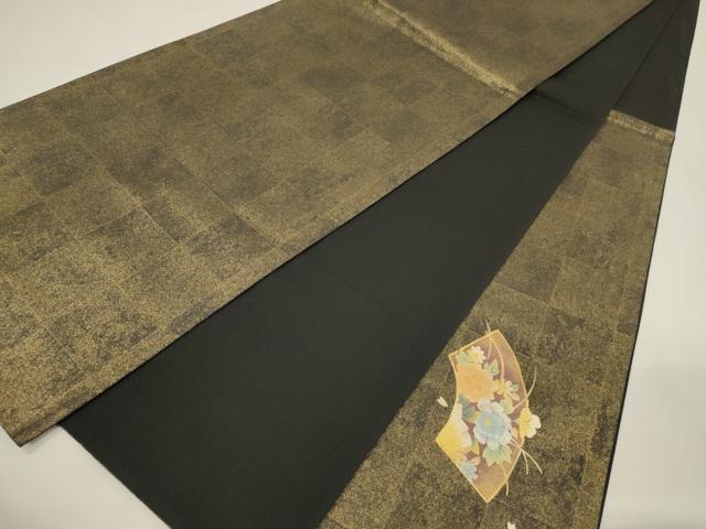平和屋着物▼太鼓柄袋帯　螺鈿　地紙草花文　黒地　金銀彩　引箔　正絹　逸品　CABE1368ak