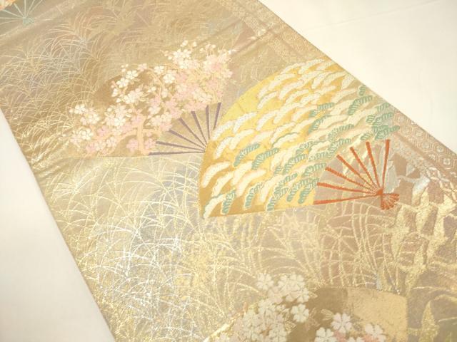平和屋着物▼西陣　服部織物謹製　六通柄袋帯　唐織　こはく錦　特選　手工芸　扇面花文　金銀糸　正絹　逸品　CABE1387ak