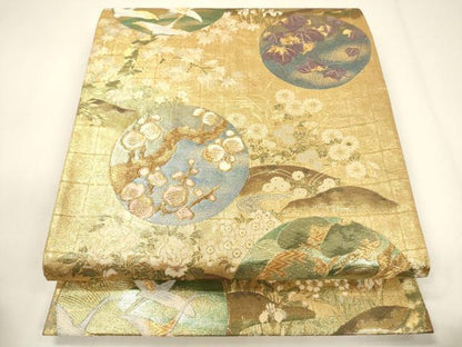 平和屋着物▼六通柄袋帯 唐織 本佐賀琳派百選 花鳥丸文 金糸 正絹 逸品 CABE1472ak