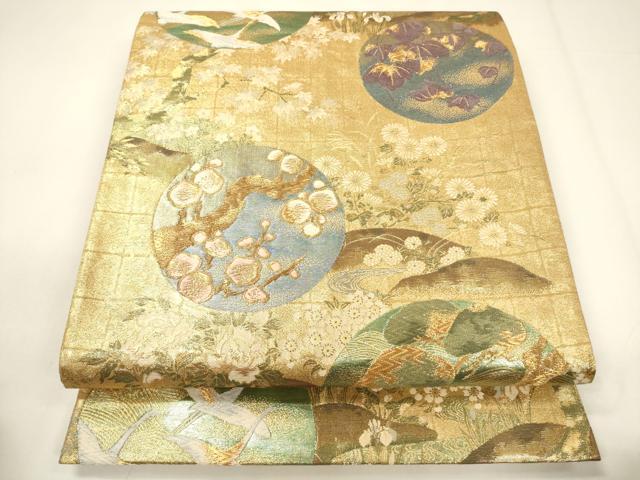 平和屋着物▼六通柄袋帯 唐織 本佐賀琳派百選 花鳥丸文 金糸 正絹 逸品 CABE1472ak
