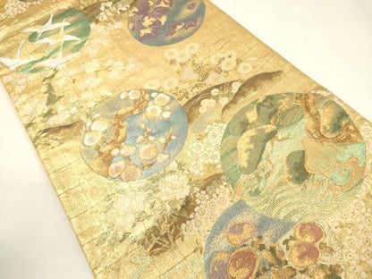 平和屋着物▼六通柄袋帯 唐織 本佐賀琳派百選 花鳥丸文 金糸 正絹 逸品 CABE1472ak