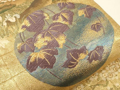 平和屋着物▼六通柄袋帯 唐織 本佐賀琳派百選 花鳥丸文 金糸 正絹 逸品 CABE1472ak