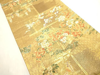 平和屋着物◎六通柄袋帯 唐織 渡り橋花文 金糸 引箔 正絹 逸品 CABE1491ak