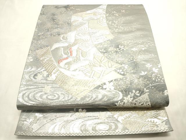 平和屋着物◎六通柄袋帯　唐織　短冊飛鶴花文　銀糸　正絹　逸品　未使用　CABE1504ak