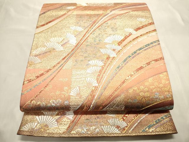 平和屋着物◎両面 六通柄袋帯 唐織 流水扇子花文 金銀糸 正絹 逸品 未使用 CABE1526ak
