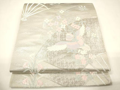 平和屋着物◎六通柄袋帯 プラチナ箔 扇面花鳥文 正絹 逸品 CABE1542ak
