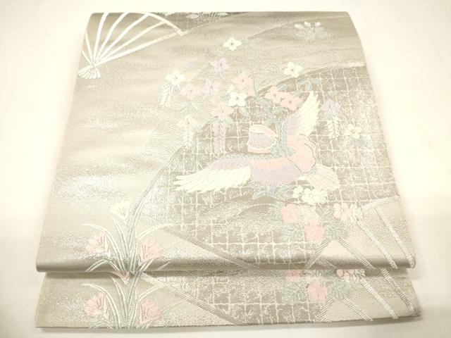 平和屋着物◎六通柄袋帯 プラチナ箔 扇面花鳥文 正絹 逸品 CABE1542ak