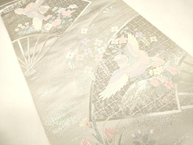 平和屋着物◎六通柄袋帯 プラチナ箔 扇面花鳥文 正絹 逸品 CABE1542ak