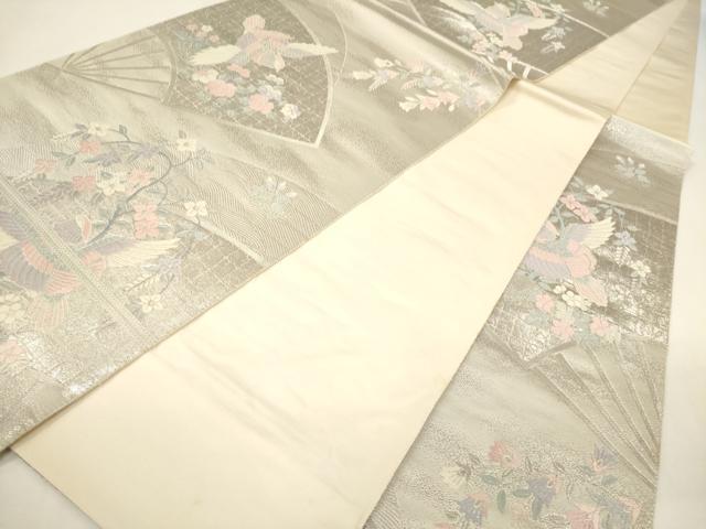 平和屋着物◎六通柄袋帯 プラチナ箔 扇面花鳥文 正絹 逸品 CABE1542ak