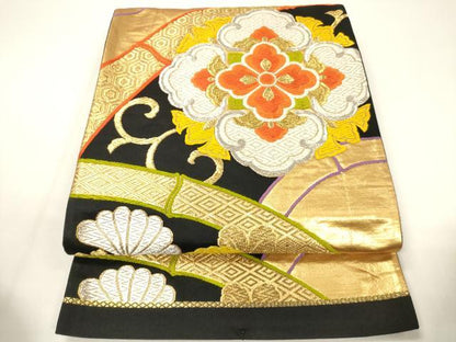 平和屋着物◎六通柄袋帯 唐織 正倉院花文 黒地 金銀糸 正絹 逸品 CABE1551ak