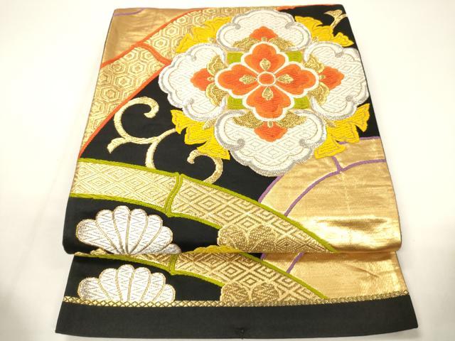 平和屋着物◎六通柄袋帯 唐織 正倉院花文 黒地 金銀糸 正絹 逸品 CABE1551ak