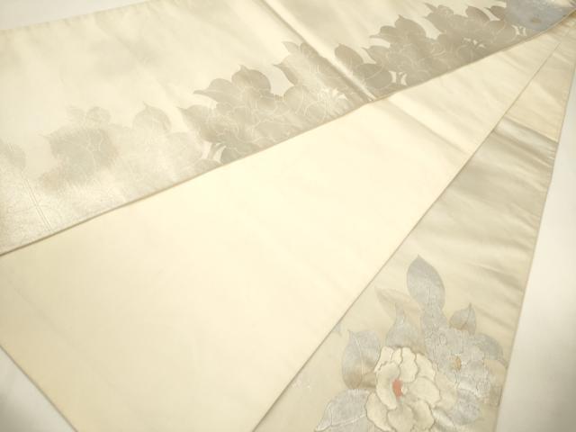 平和屋着物◎太鼓柄袋帯　駒刺繍　牡丹文　銀彩　正絹　逸品　CABE1553ak