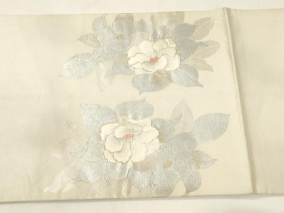 平和屋着物◎太鼓柄袋帯　駒刺繍　牡丹文　銀彩　正絹　逸品　CABE1553ak