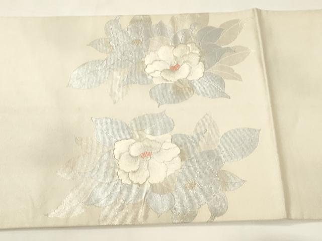 平和屋着物◎太鼓柄袋帯　駒刺繍　牡丹文　銀彩　正絹　逸品　CABE1553ak