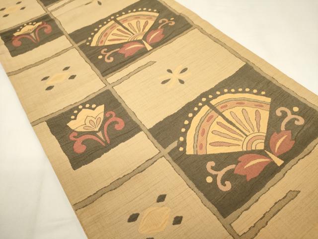 平和屋着物◎六通柄袋帯　明日香　市松扇面花文　証紙付き　正絹　逸品　未使用　CABE1583ak