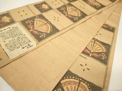 平和屋着物◎六通柄袋帯　明日香　市松扇面花文　証紙付き　正絹　逸品　未使用　CABE1583ak